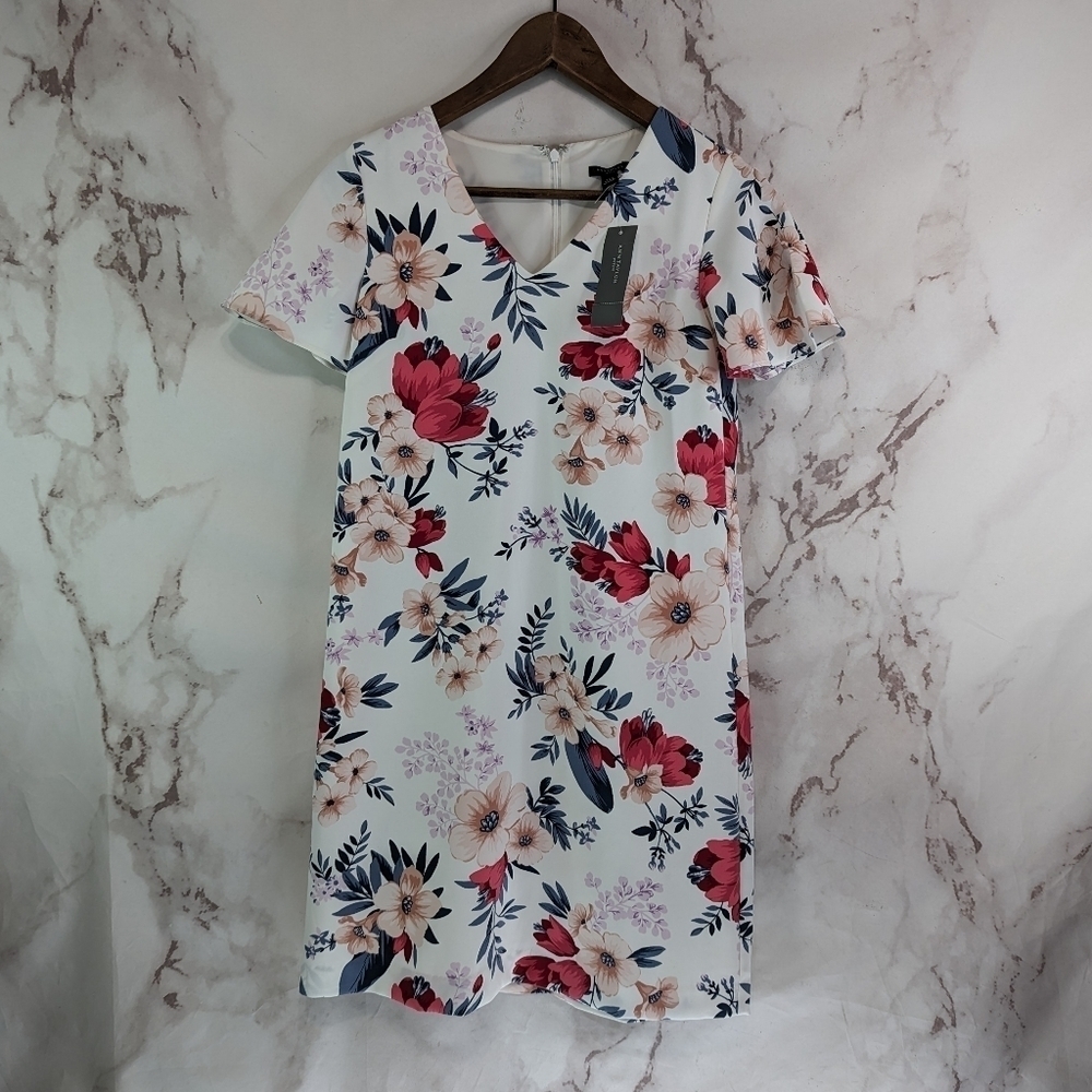 Ann Taylor Dress Womens XXS P White Floral Shift Flutter Sleeve Mini V Neck